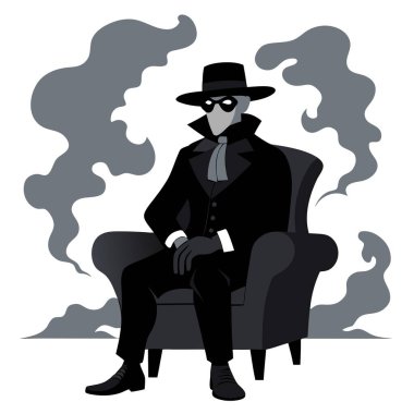 A man in a black suit and hat sits in a chair with a fake mask on . AI generated. Vector icon clipart