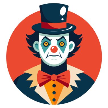 Creepy old clown in a vintage circus wearing a top hat. . AI generated. Vector icon clipart