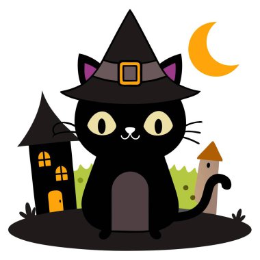 Cute black cat with a witch hat and a halloween house in the background. . AI generated. Vector icon clipart