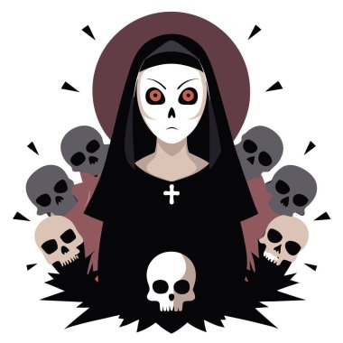 Dark satanic possessed nun surrounded by skulls in a nightmare. AI generated. Vector icon clipart