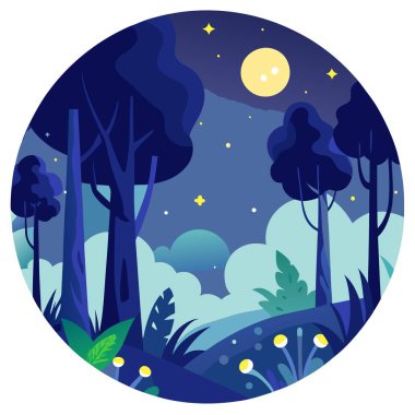 Enchanted forest glows beneath an ethereal moon. trees aglow with . AI generated. Vector icon clipart