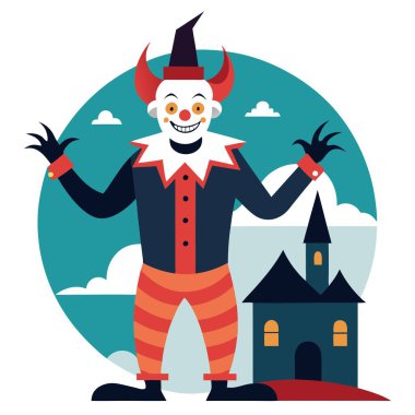 Evil clown performer in costume at a haunted house greeting . AI generated. Vector icon clipart