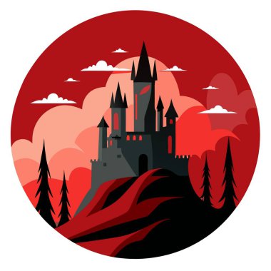 Ghostly castle with crimson sky. Spooky concept.Digital art. AI generated. Vector icon clipart