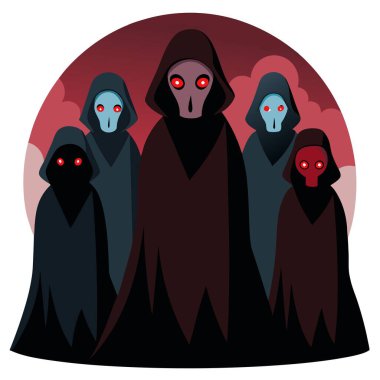 Group of five scary figures in hooded cloaks in the dark. AI generated. Vector icon clipart