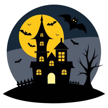 Halloween night with house and bats. halloween background.. AI generated. Vector icon clipart