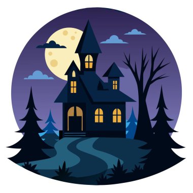 Haunted house in the woods with moonlight . AI generated. Vector icon clipart