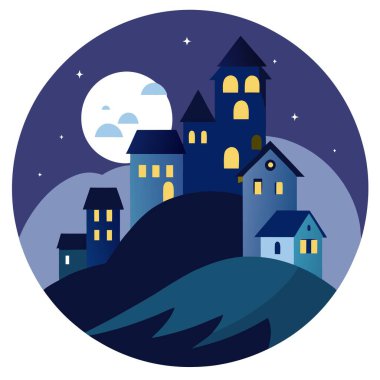 Houses on the hill at night in full moon light. Fantasy landscape. . AI generated. Vector icon clipart