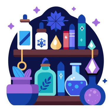 Illustration of occult magic magazine and shelf with various potions. . AI generated. Vector icon clipart