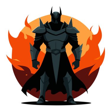 Medieval Hero in Battle Armor. Dark Knight Silhouette on a Fiery . AI generated. Vector icon clipart