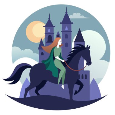 Medieval woman on a horse in front of a dark fantasy castle. Created . AI generated. Vector icon clipart