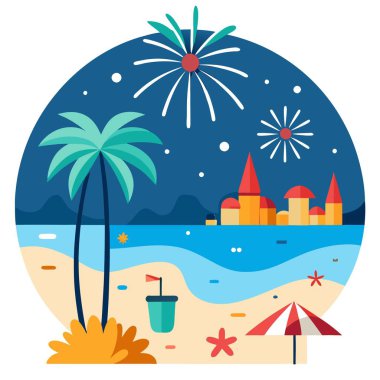 New Year's Eve celebration on the beach with fireworks. AI generated. Vector icon clipart