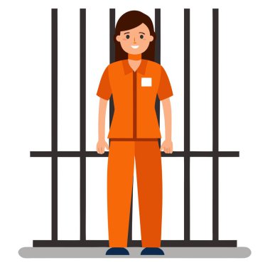 One female prisoner in orange uniform stands behind metal bars. AI generated. Vector icon clipart