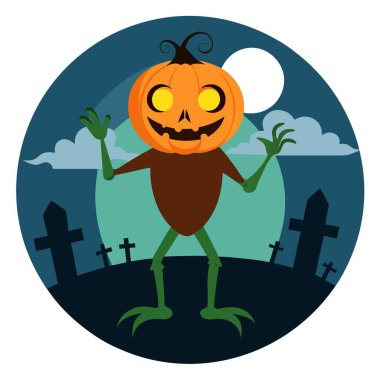 Pumpkin zombie rising out of graveyard cemetery . AI generated. Vector icon clipart