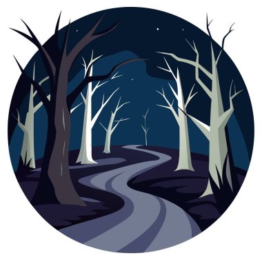 Scary forest at night. dry crooked trees and path in dark fairytale . AI generated. Vector icon clipart