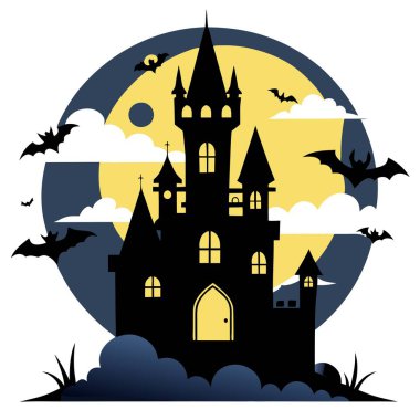 Scary horror and haunted Dracula medieval vampire castle with bats. . AI generated. Vector icon clipart