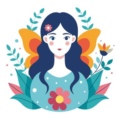 Surreal illustration of girl with butterfly and floral elements. AI generated. Vector icon clipart