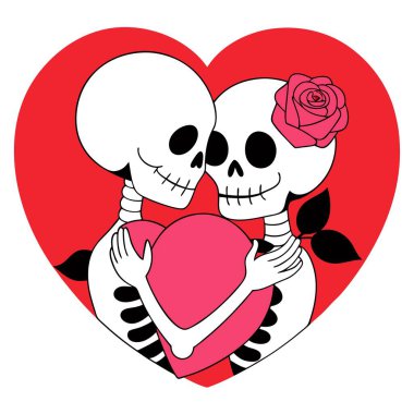 Two skeletons in love hugging each other on the background of a pink . AI generated. Vector icon clipart