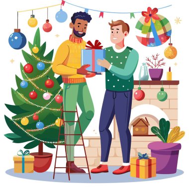 Diverse gay male couple with christmas baubles decoration preparing for holidays.. AI generated. Vector icon