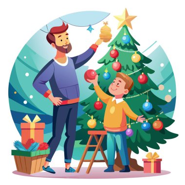 Father and son arranging decorations on Christmas tree with blurred background. AI generated. Vector icon