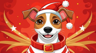 Happy jack russell terrier in santa costume on red background. AI generated. Vector icon clipart