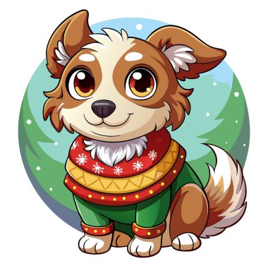 Midjourney ai illustration of a cute puppy wearing a christmas jumper. AI generated. Vector icon clipart