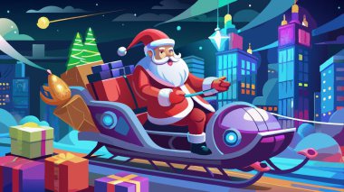 Santa Claus on an futurist electric sleigh delivers Christmas presents. AI generated. Vector icon clipart