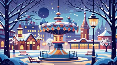 Winter scene at Tivoli Gardens. Copenhagen. with snow-clad tree and carousel in the background. . AI generated. Vector icon clipart