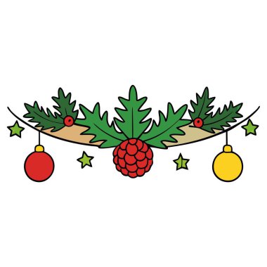 Banner of decorative christmas tree branches with cones and balls. AI generated. Vector icon clipart