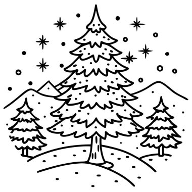 Christmas Tree in the wild with snow and pine trees. . AI generated. Vector icon clipart