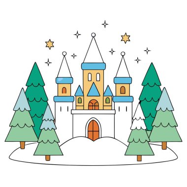 Magical fairy tale castle in winter forest at christmas. AI generated. Vector icon clipart