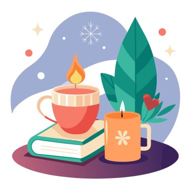 Cup of tea with book. candle light and christmas decor in cozy room and winter atmosphere. . AI generated. Vector icon clipart