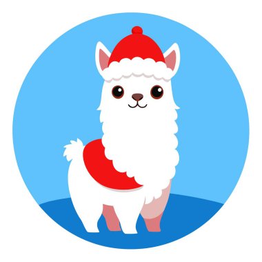 Mavi kış arka planında, yapay zekanın oluşturduğu şirin Noel Baba şapkalı Alpaca. Vektör simgesi