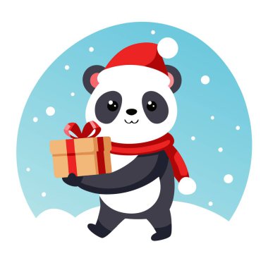 Noel Baba şapkalı komik panda kışın kar yağarken hediye getiriyor. Yapay zeka üretildi. Vektör simgesi