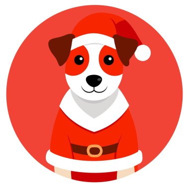 Kırmızı arka planda Noel Baba kostümlü mutlu Jack Russell Terrier. Yapay zeka üretildi. Vektör simgesi