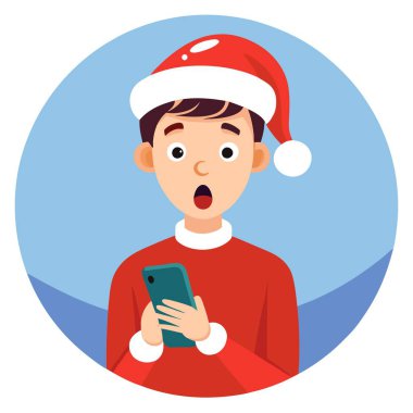 Noel Baba şapkalı genç bir kadının Noel arkaplanında cep telefonu kullanmasına şaşırdım. Yapay zeka üretildi. Vektör simgesi