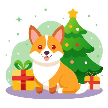 Şirin Corgi Köpeği Noel Ağacı 'nın yanında uzanıyor. Yanında da hediyeler ve rahat bir tatil ortamı var. Yapay zeka üretildi. Vektör simgesi