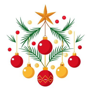 New Year's decor from pine branches with red and gold balls decorated with lights. AI generated. Vector icon clipart