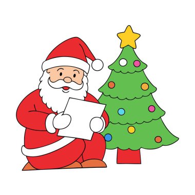 Santa Claus reading letter from children sitting near the Christmas tree.. AI generated. Vector icon clipart