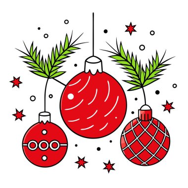 Red ornaments and pine branches surround a red background with snowflakes falling. AI generated. Vector icon clipart