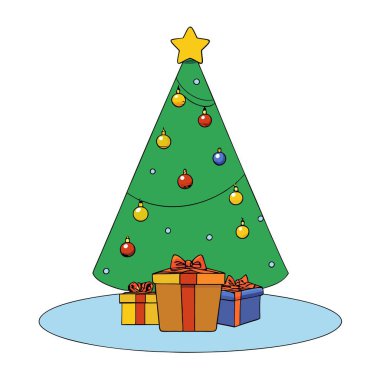 Static video of a decorated christmas tree with presents underneath, spotlight lighting.. AI generated. Vector icon clipart