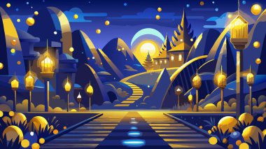 Golden and blue lights blur in the night, creating a magical atmosphere. AI generated. Vector icon clipart