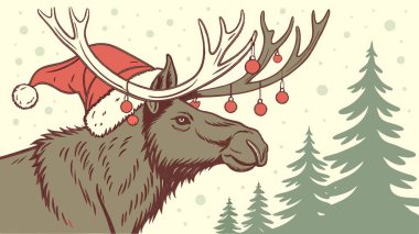 Festive Antlers. Christmas Moose Portrait in Red Santa Hat. Watercolor Print and Poster. . AI generated. Vector icon clipart