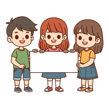 Çeşitli tasarım ve ürün ihtiyaçları için kullanılabilecek boş tabela taşıyan sevimli çocuklar..