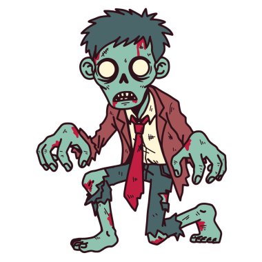 Beyaz arkaplanda çeşitli tasarım ve ürün ihtiyaçları için kullanılabilen zombi karikatürü