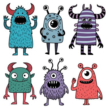 Çizgi film canavarı, çeşitli tasarım ve ürün ihtiyaçları için kullanılabilecek izole edilmiş çizimler.