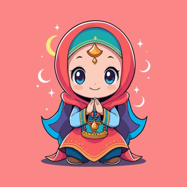 Kollarında ay olan küçük tatlı bir kızın vektör çizimi. Selamlama, davet, poster, kart için uygun.