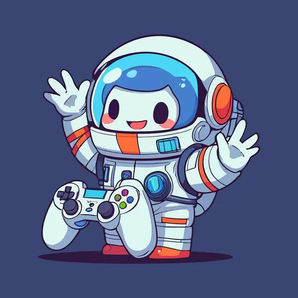 Çizgi filmdeki sevimli, mutlu ve komik astronot kontrolörü oynuyor ve kontrolörü tutuyor. vektör illüstrasyonu