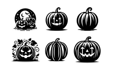 Siyah arkaplanlı bir Cadılar Bayramı kabağı seti.