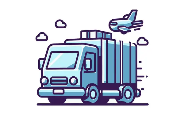 Uçan uçak vektör çizimine sahip teslimat kamyonu