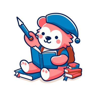 Şirin panda kitap okuyor ve okuyor. Noel karikatürü çizimi.